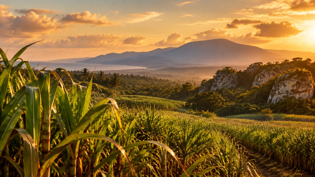 Lush Jamaican sugarcane fields beneath warm late-afternoon light, with limestone outcrops and distant blue mountains