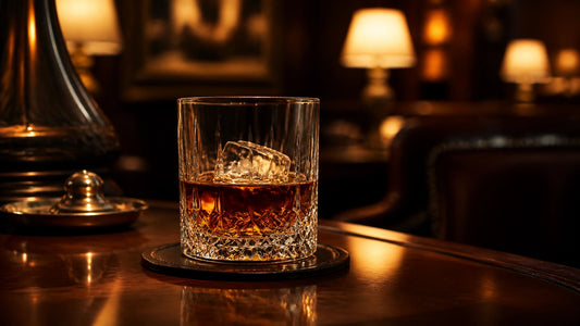 A sophisticated crystal glass filled with amber rum and a large clear ice cube on a polished wood table